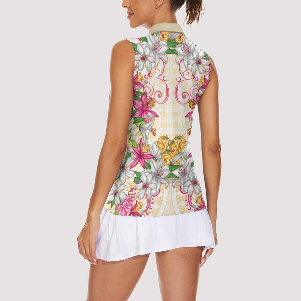 Hawaii Palaka Women Sleeveless Polo Shirt Yellow Tribal Pattern With Tropical Flowers - Polynesian Pride