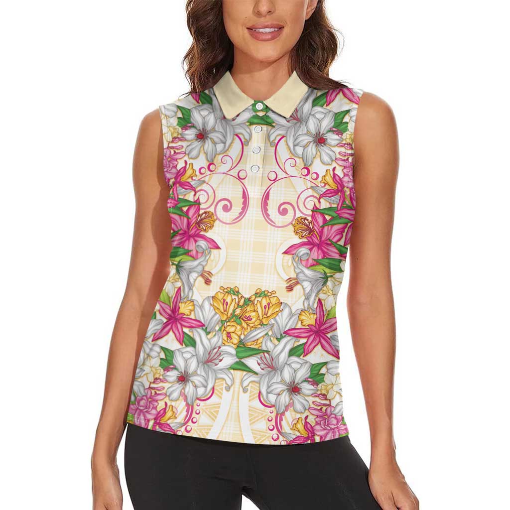Hawaii Palaka Women Sleeveless Polo Shirt Yellow Tribal Pattern With Tropical Flowers - Polynesian Pride