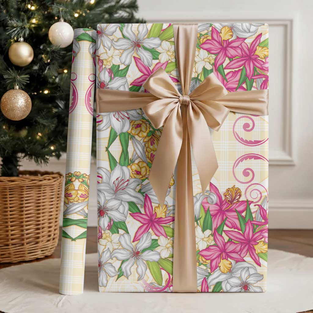 Hawaii Palaka Wrapping Paper Yellow Tribal Pattern With Tropical Flowers - Polynesian Pride