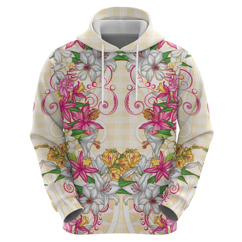 Hawaii Palaka Zip Hoodie Yellow Tribal Pattern With Tropical Flowers - Polynesian Pride