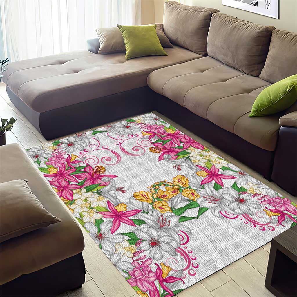 Hawaii Palaka Area Rug White Tribal Pattern With Tropical Flowers - Polynesian Pride