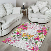 Hawaii Palaka Area Rug White Tribal Pattern With Tropical Flowers - Polynesian Pride