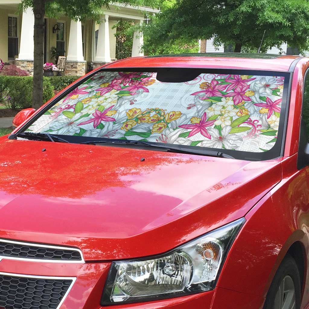 Hawaii Palaka Auto Sun Shade White Tribal Pattern With Tropical Flowers - Polynesian Pride