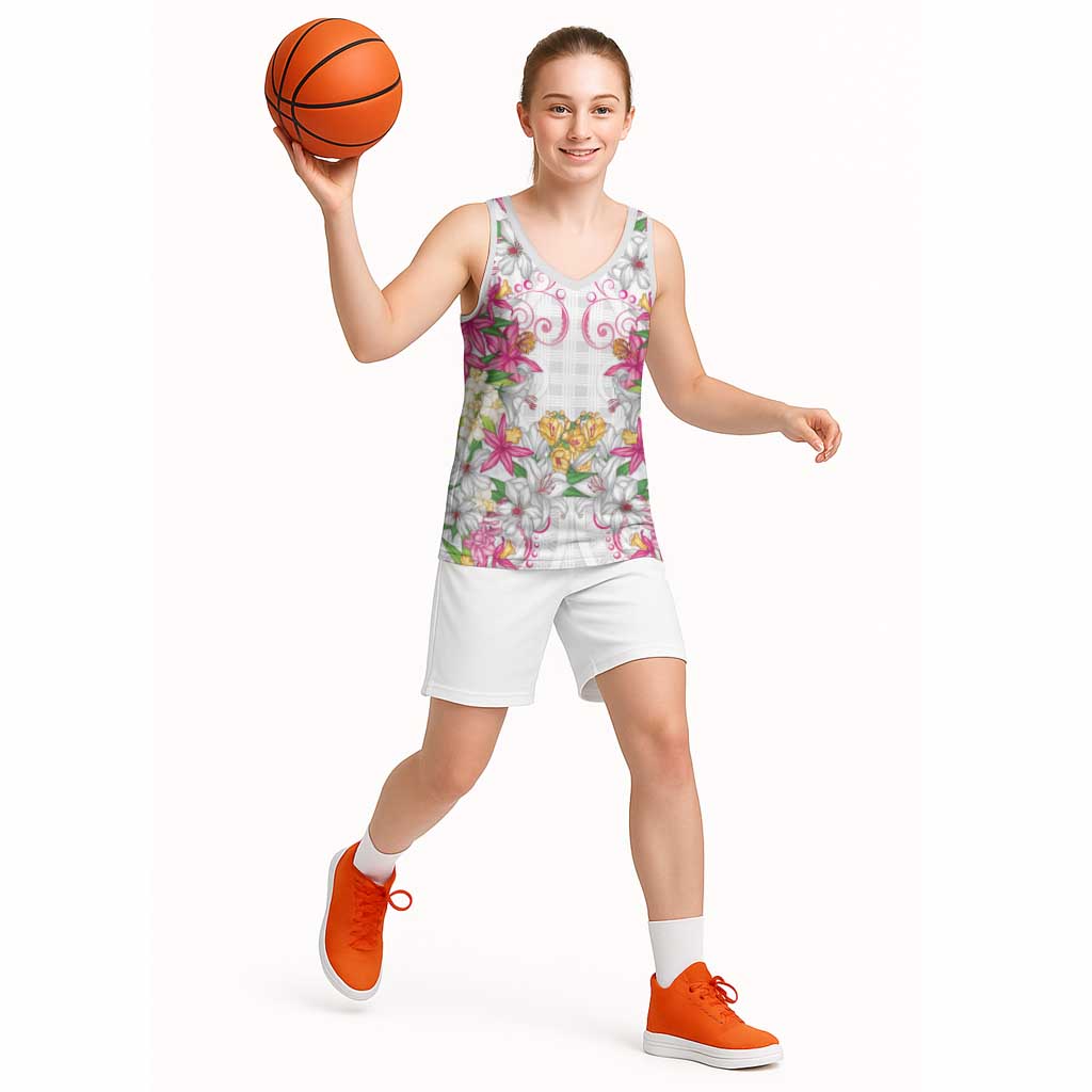 Hawaii Palaka Basketball Jersey White Tribal Pattern With Tropical Flowers - Polynesian Pride