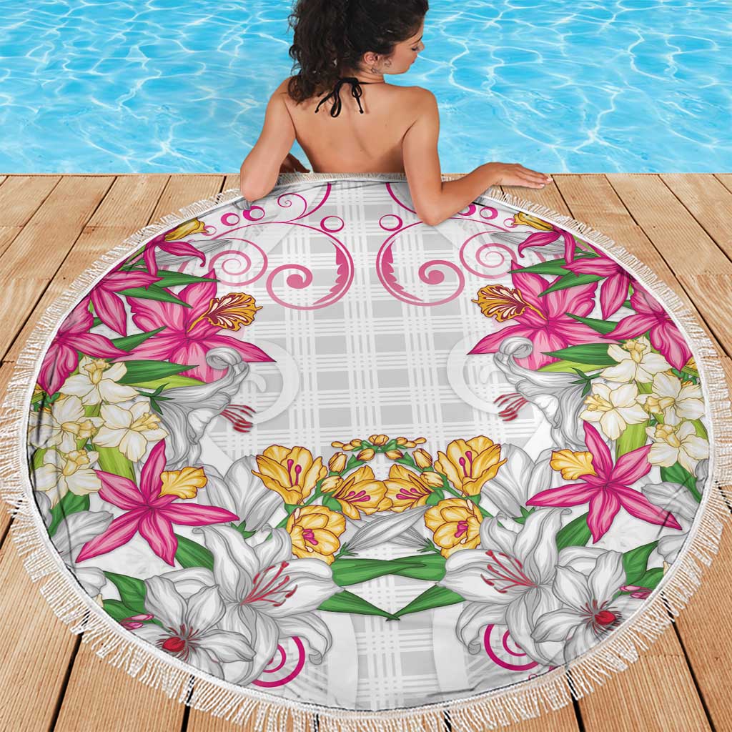 Hawaii Palaka Beach Blanket White Tribal Pattern With Tropical Flowers - Polynesian Pride