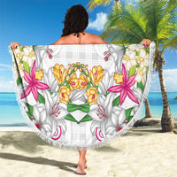 Hawaii Palaka Beach Blanket White Tribal Pattern With Tropical Flowers - Polynesian Pride