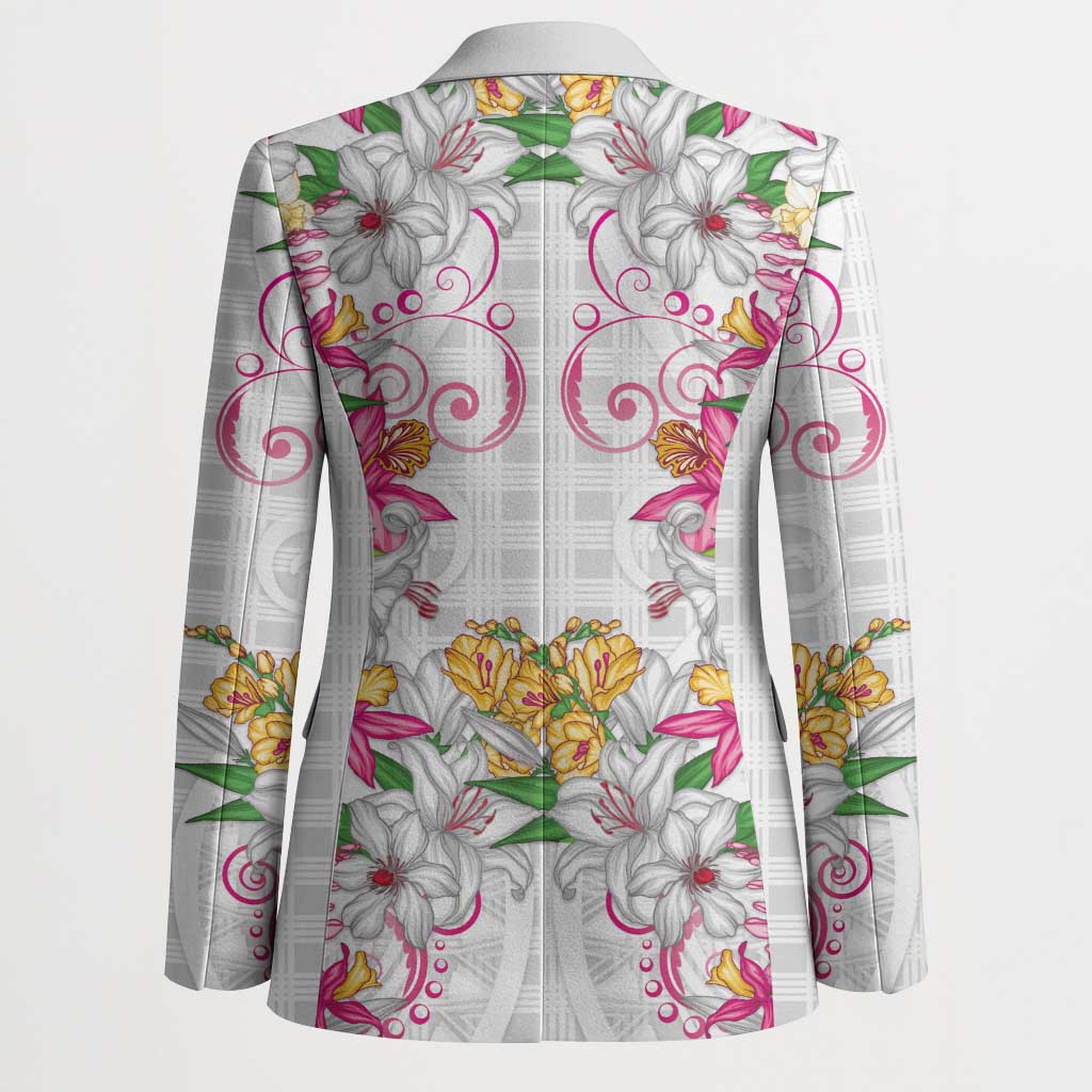 Hawaii Palaka Blazer White Tribal Pattern With Tropical Flowers - Polynesian Pride