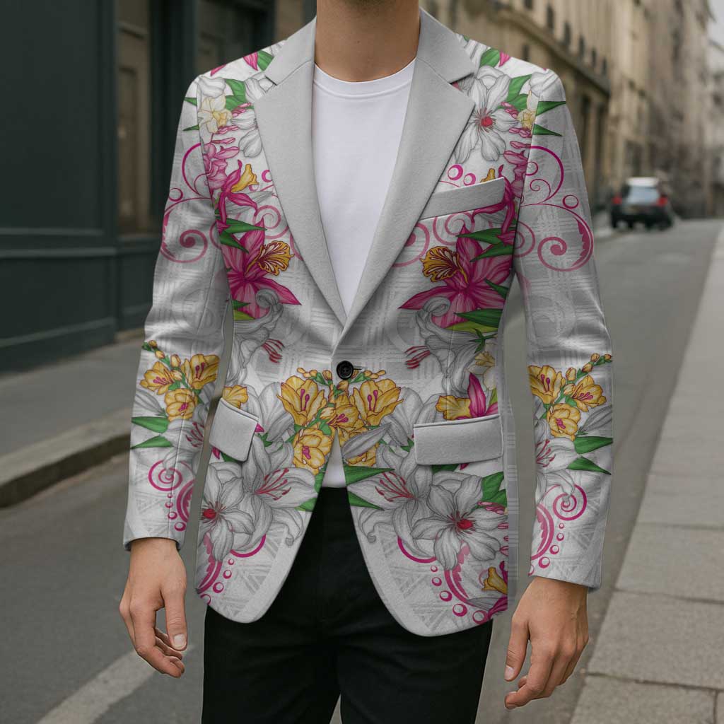 Hawaii Palaka Blazer White Tribal Pattern With Tropical Flowers - Polynesian Pride