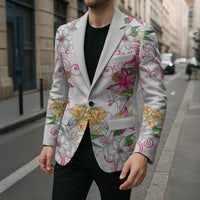 Hawaii Palaka Blazer White Tribal Pattern With Tropical Flowers - Polynesian Pride