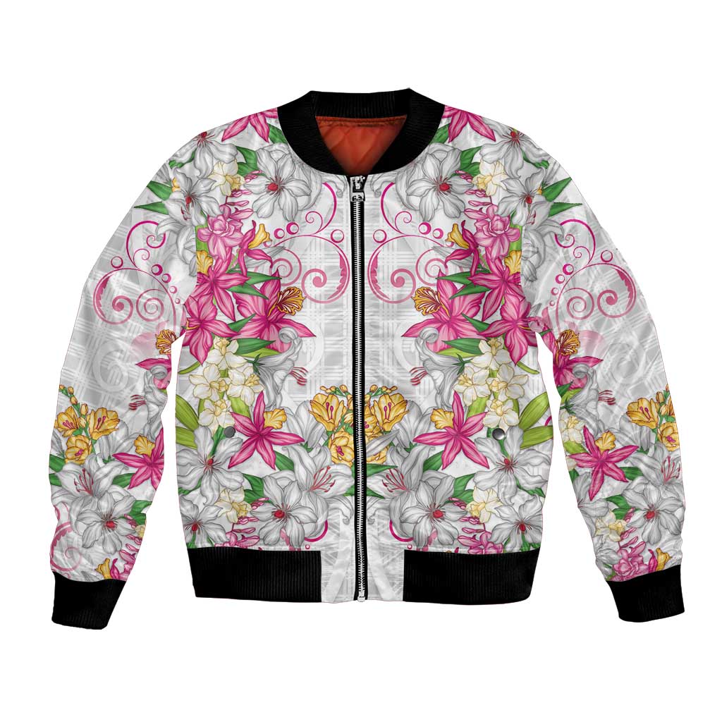 Hawaii Palaka Bomber Jacket White Tribal Pattern With Tropical Flowers - Polynesian Pride