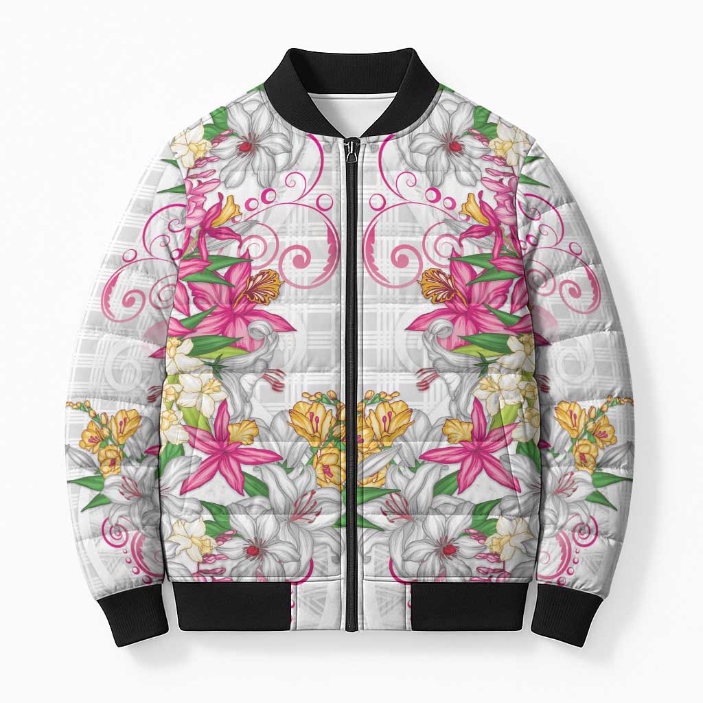 Hawaii Palaka Bomber Puffer Jacket White Tribal Pattern With Tropical Flowers - Polynesian Pride