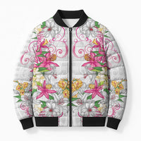 Hawaii Palaka Bomber Puffer Jacket White Tribal Pattern With Tropical Flowers - Polynesian Pride