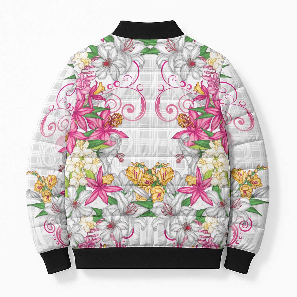 Hawaii Palaka Bomber Puffer Jacket White Tribal Pattern With Tropical Flowers - Polynesian Pride