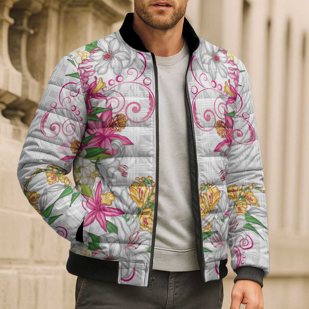Hawaii Palaka Bomber Puffer Jacket White Tribal Pattern With Tropical Flowers - Polynesian Pride