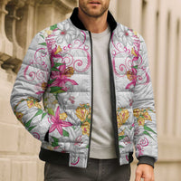 Hawaii Palaka Bomber Puffer Jacket White Tribal Pattern With Tropical Flowers - Polynesian Pride