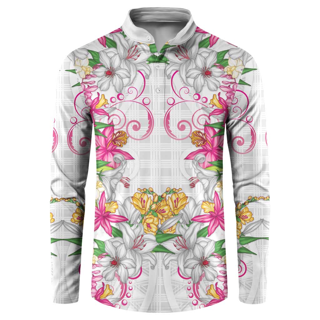 Hawaii Palaka Button Sweatshirt White Tribal Pattern With Tropical Flowers - Polynesian Pride