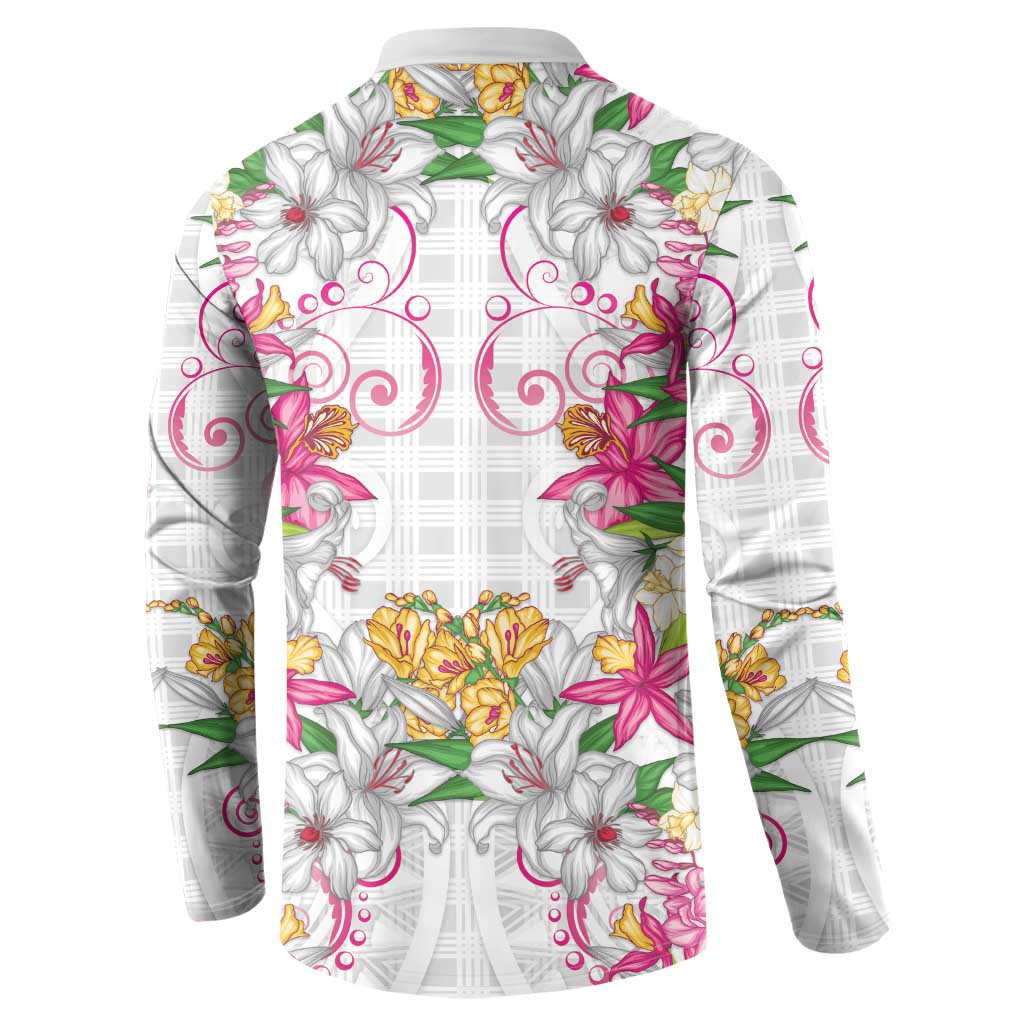 Hawaii Palaka Button Sweatshirt White Tribal Pattern With Tropical Flowers - Polynesian Pride
