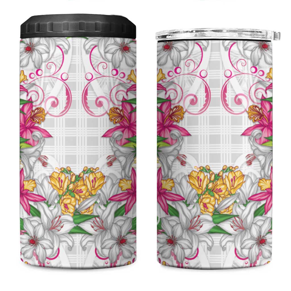 Hawaii Palaka 4 in 1 Can Cooler Tumbler White Tribal Pattern With Tropical Flowers - Polynesian Pride