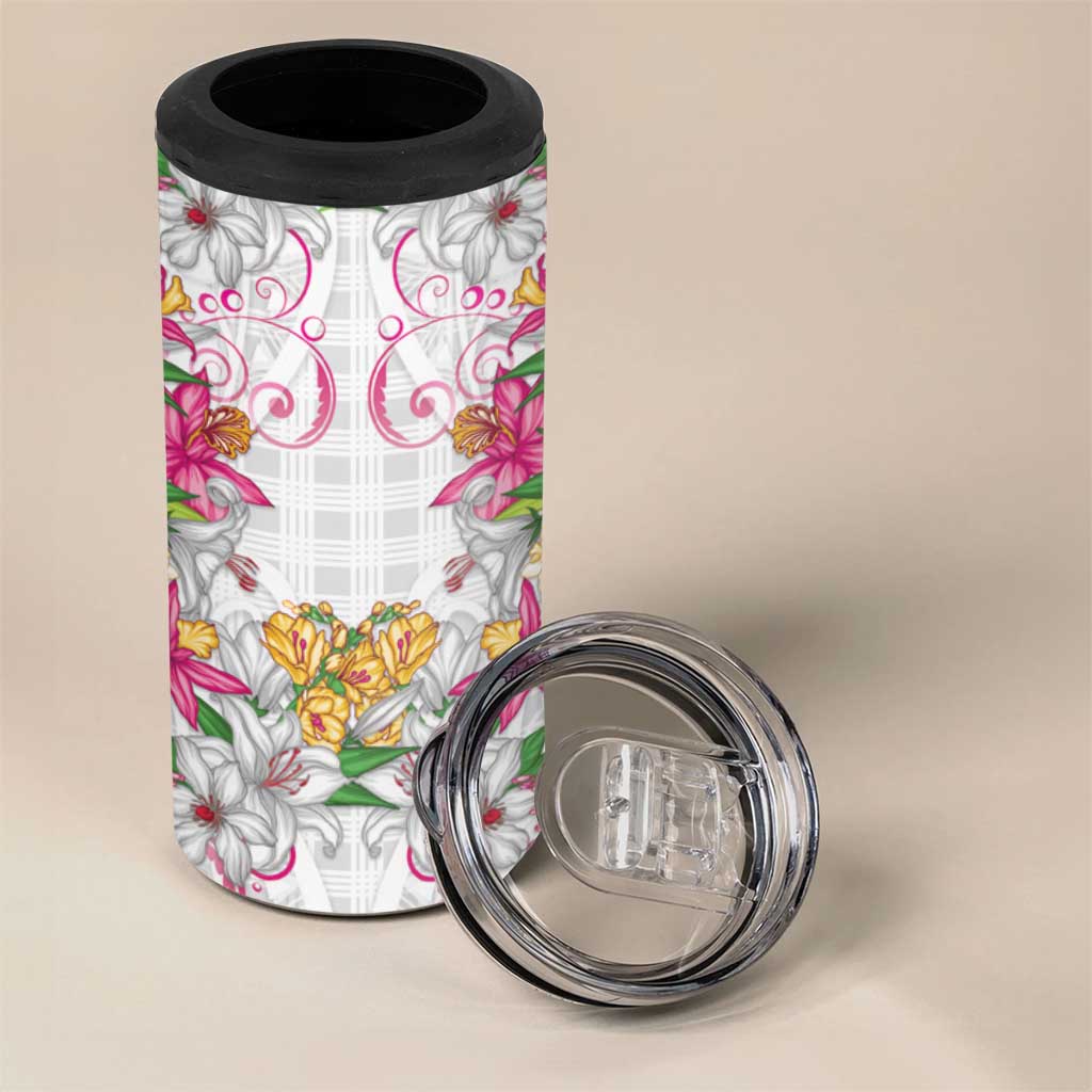 Hawaii Palaka 4 in 1 Can Cooler Tumbler White Tribal Pattern With Tropical Flowers - Polynesian Pride