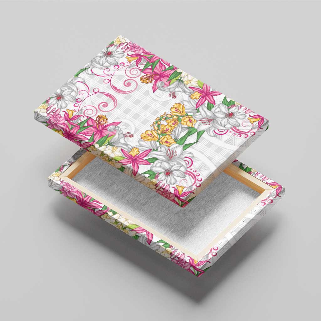 Hawaii Palaka Canvas Wall Art White Tribal Pattern With Tropical Flowers - Polynesian Pride