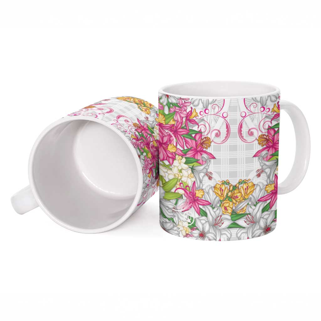 Hawaii Palaka Ceramic Mug White Tribal Pattern With Tropical Flowers - Polynesian Pride