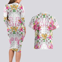Hawaii Palaka Couples Matching Long Sleeve Bodycon Dress and Hawaiian Shirt White Tribal Pattern With Tropical Flowers - Polynesian Pride