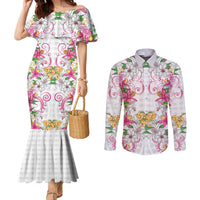 Hawaii Palaka Couples Matching Mermaid Dress and Long Sleeve Button Shirt White Tribal Pattern With Tropical Flowers - Polynesian Pride