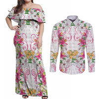 Hawaii Palaka Couples Matching Off Shoulder Maxi Dress and Long Sleeve Button Shirt White Tribal Pattern With Tropical Flowers - Polynesian Pride