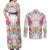 Hawaii Palaka Couples Matching Off Shoulder Maxi Dress and Long Sleeve Button Shirt White Tribal Pattern With Tropical Flowers - Polynesian Pride