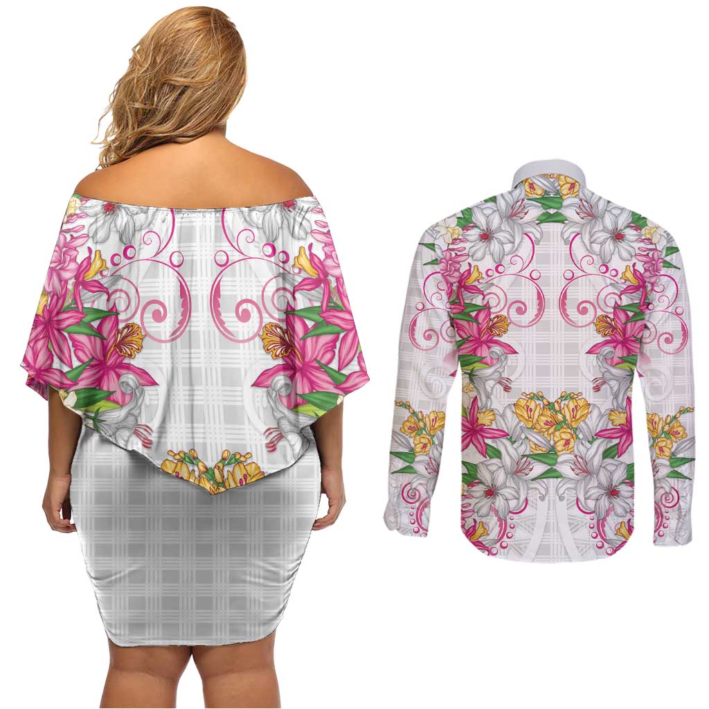 Hawaii Palaka Couples Matching Off Shoulder Short Dress and Long Sleeve Button Shirt White Tribal Pattern With Tropical Flowers - Polynesian Pride