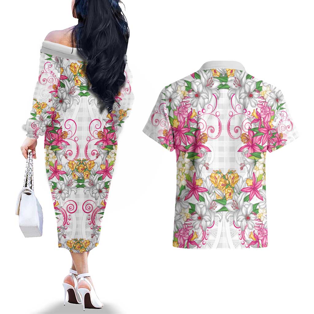 Hawaii Palaka Couples Matching Off The Shoulder Long Sleeve Dress and Hawaiian Shirt White Tribal Pattern With Tropical Flowers - Polynesian Pride
