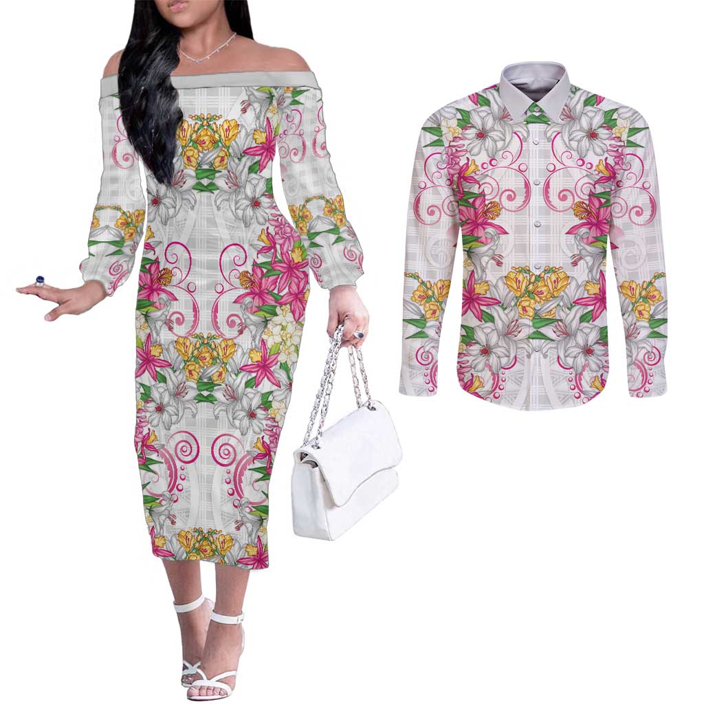 Hawaii Palaka Couples Matching Off The Shoulder Long Sleeve Dress and Long Sleeve Button Shirt White Tribal Pattern With Tropical Flowers - Polynesian Pride