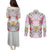 Hawaii Palaka Couples Matching Puletasi and Long Sleeve Button Shirt White Tribal Pattern With Tropical Flowers - Polynesian Pride