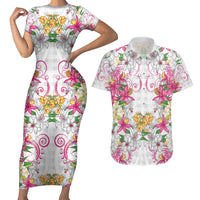 Hawaii Palaka Couples Matching Short Sleeve Bodycon Dress and Hawaiian Shirt White Tribal Pattern With Tropical Flowers - Polynesian Pride
