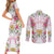 Hawaii Palaka Couples Matching Short Sleeve Bodycon Dress and Long Sleeve Button Shirt White Tribal Pattern With Tropical Flowers - Polynesian Pride
