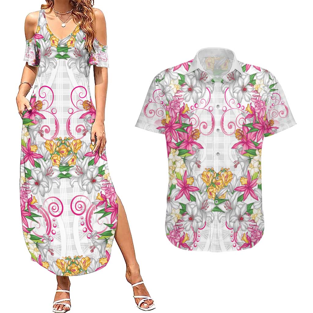 Hawaii Palaka Couples Matching Summer Maxi Dress and Hawaiian Shirt White Tribal Pattern With Tropical Flowers - Polynesian Pride