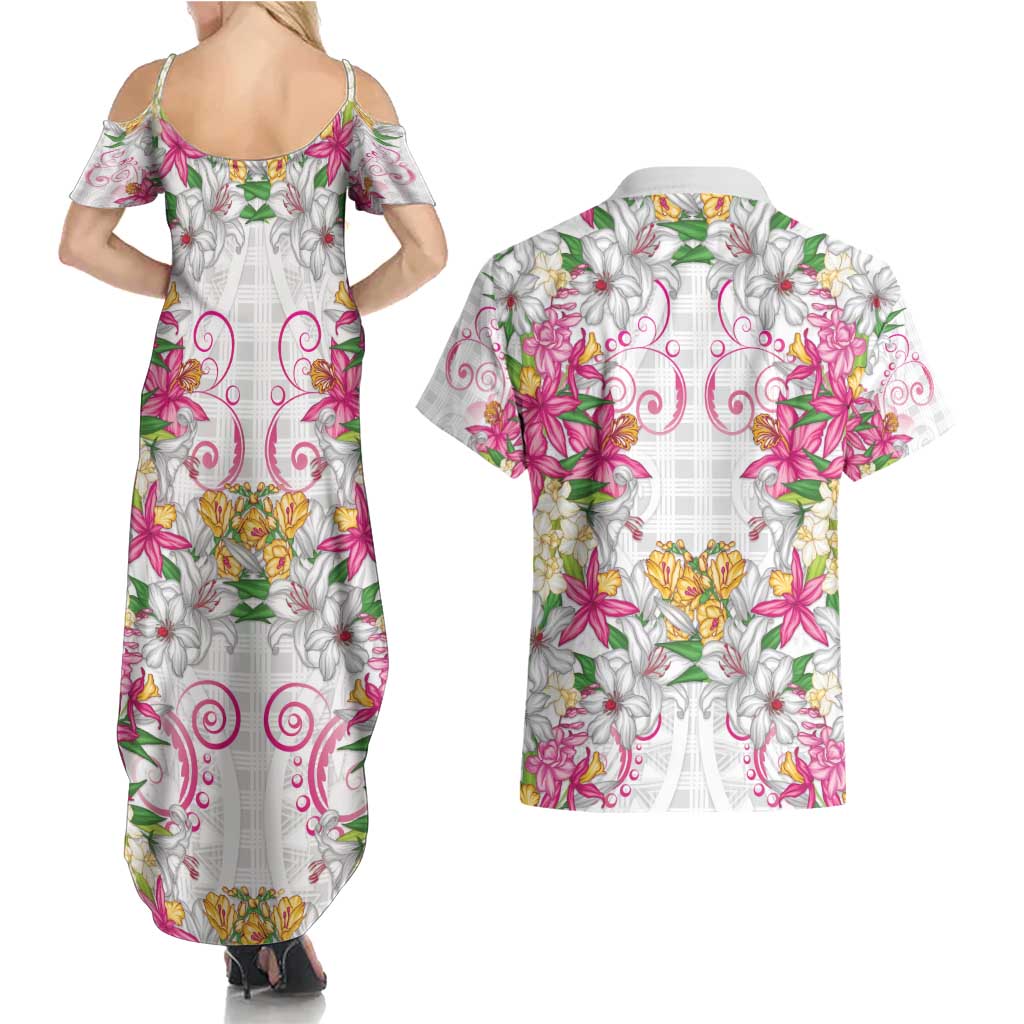Hawaii Palaka Couples Matching Summer Maxi Dress and Hawaiian Shirt White Tribal Pattern With Tropical Flowers - Polynesian Pride