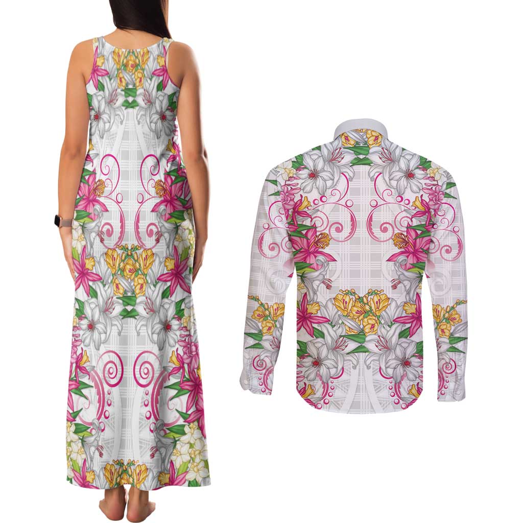 Hawaii Palaka Couples Matching Tank Maxi Dress and Long Sleeve Button Shirt White Tribal Pattern With Tropical Flowers - Polynesian Pride
