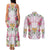 Hawaii Palaka Couples Matching Tank Maxi Dress and Long Sleeve Button Shirt White Tribal Pattern With Tropical Flowers - Polynesian Pride