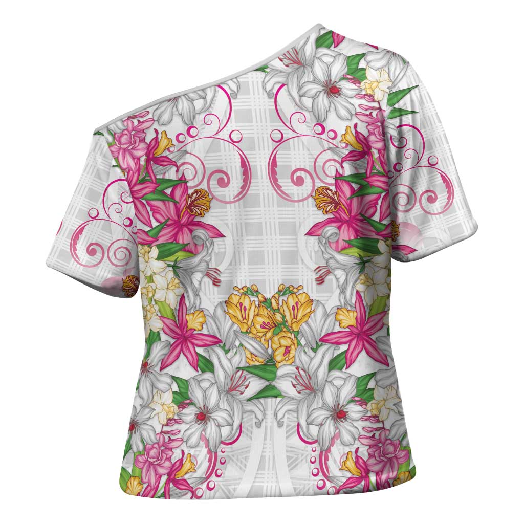 Hawaii Palaka Cross Shoulder Shirt White Tribal Pattern With Tropical Flowers - Polynesian Pride
