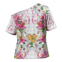 Hawaii Palaka Cross Shoulder Shirt White Tribal Pattern With Tropical Flowers - Polynesian Pride