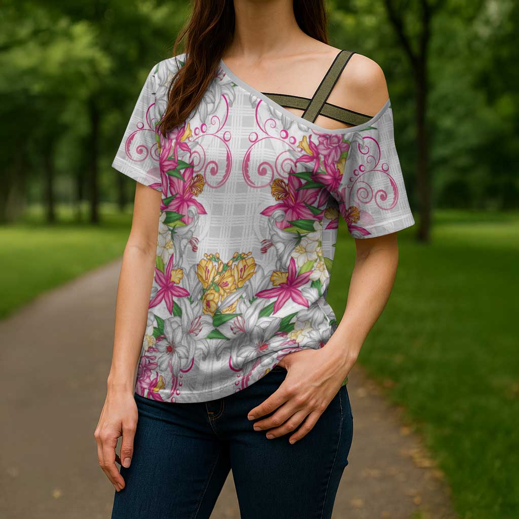 Hawaii Palaka Cross Shoulder Shirt White Tribal Pattern With Tropical Flowers - Polynesian Pride