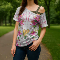 Hawaii Palaka Cross Shoulder Shirt White Tribal Pattern With Tropical Flowers - Polynesian Pride