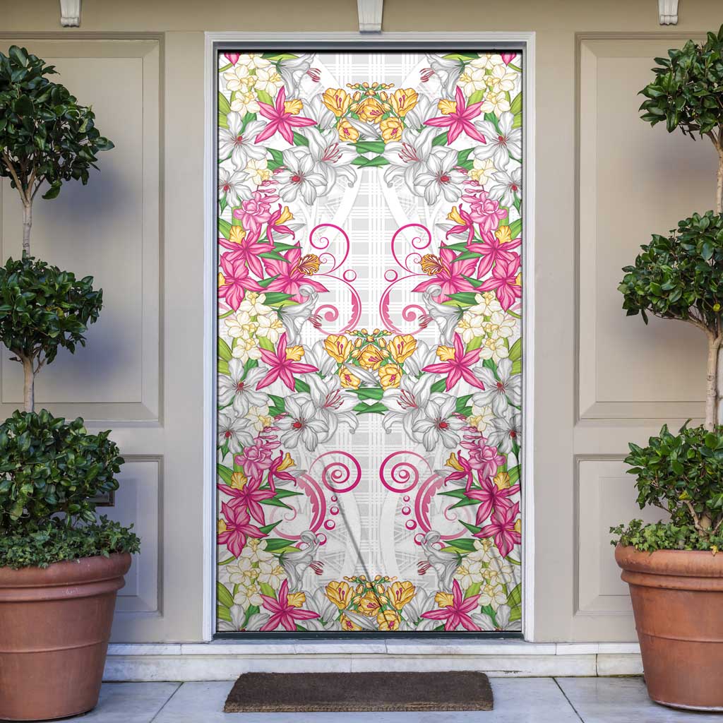 Hawaii Palaka Door Cover White Tribal Pattern With Tropical Flowers - Polynesian Pride