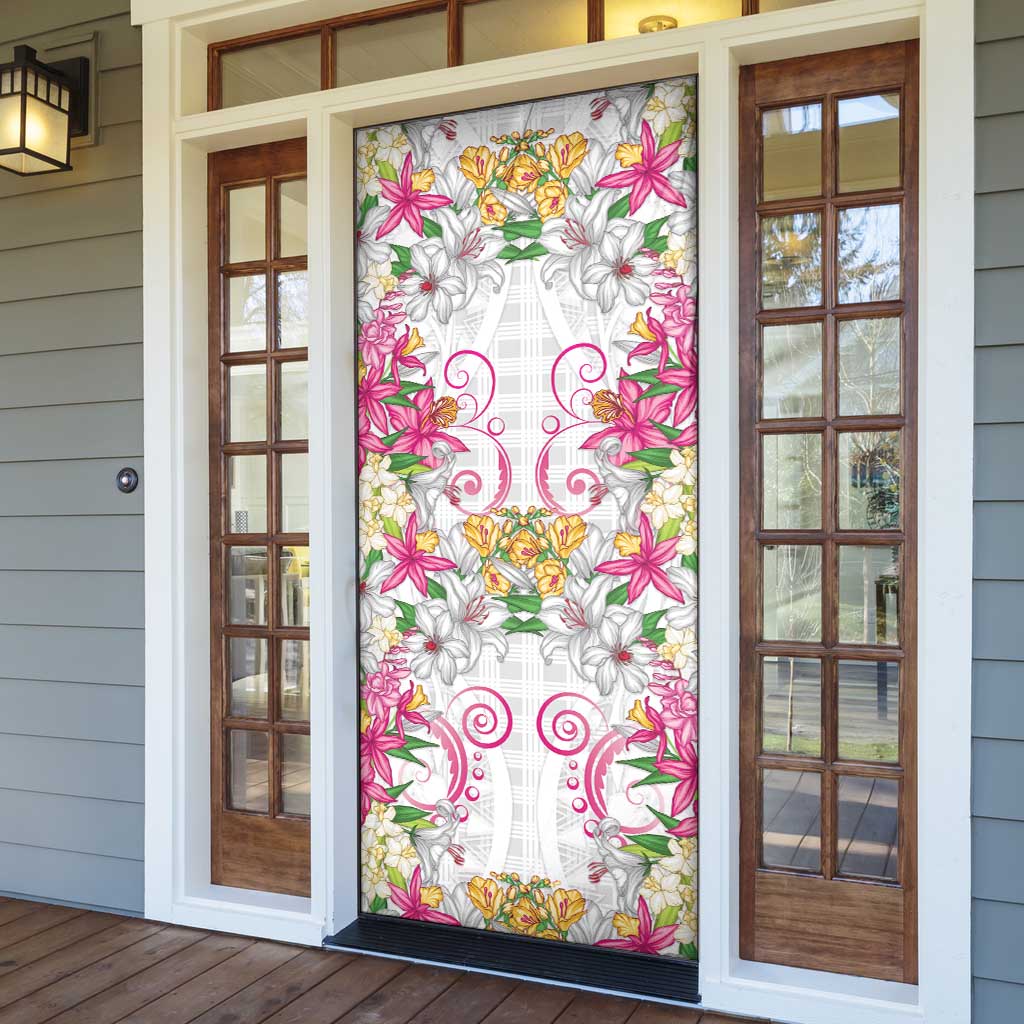 Hawaii Palaka Door Cover White Tribal Pattern With Tropical Flowers - Polynesian Pride