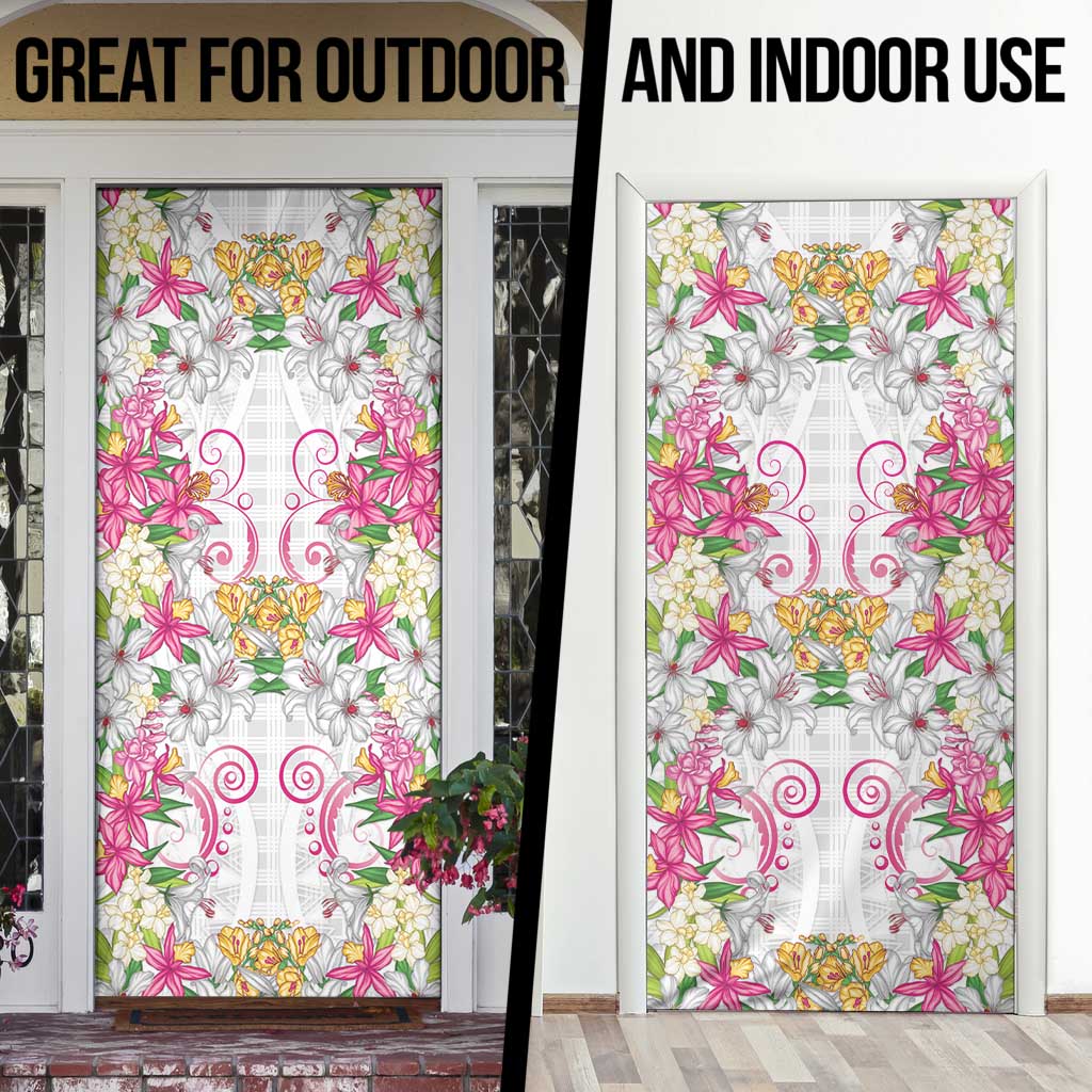Hawaii Palaka Door Cover White Tribal Pattern With Tropical Flowers - Polynesian Pride