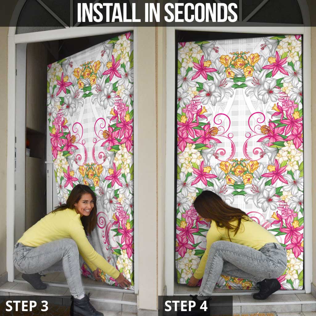 Hawaii Palaka Door Cover White Tribal Pattern With Tropical Flowers - Polynesian Pride