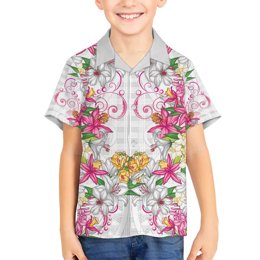 Hawaii Palaka Family Matching Long Sleeve Bodycon Dress and Hawaiian Shirt White Tribal Pattern With Tropical Flowers LT05 Son's Shirt White - Polynesian Pride