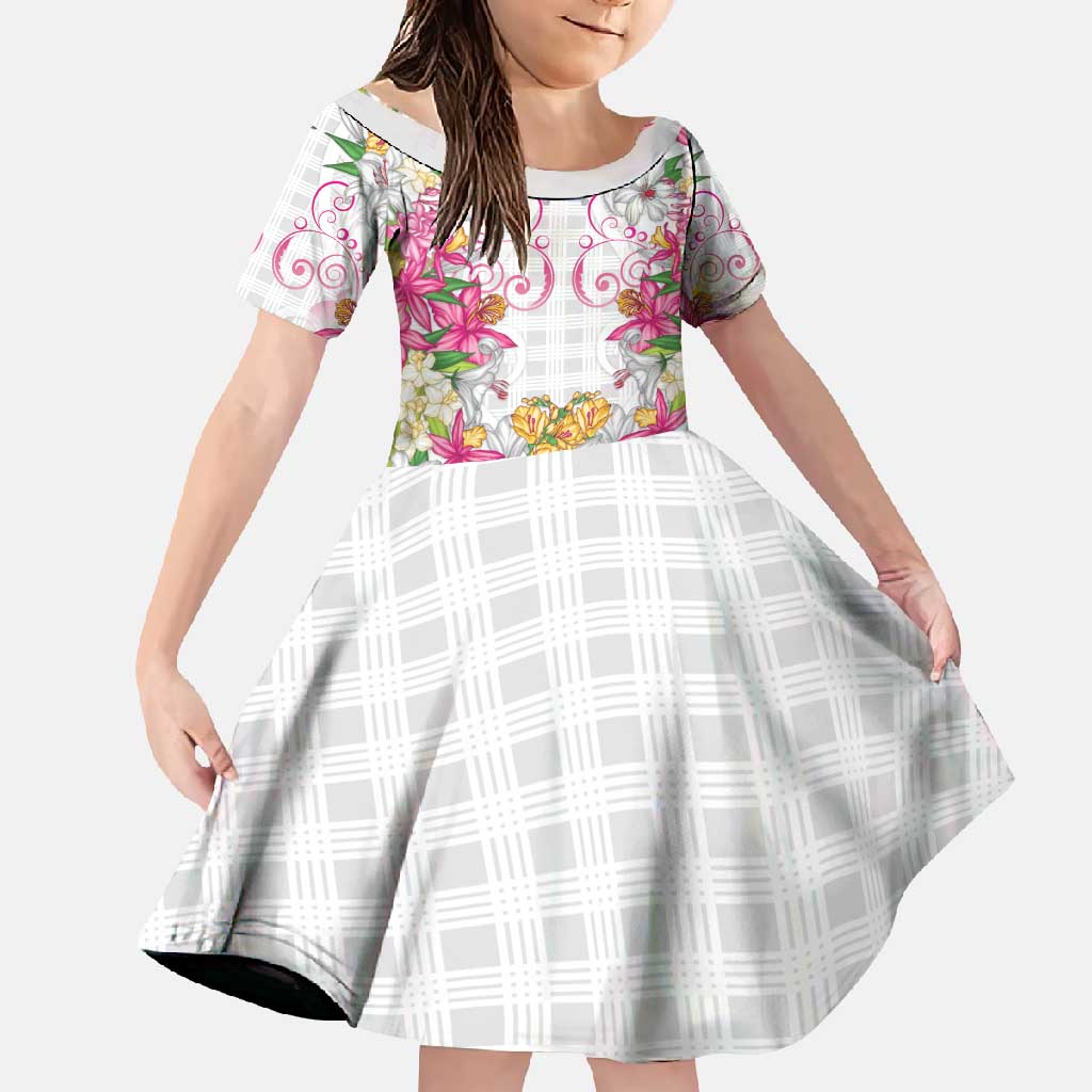 Hawaii Palaka Family Matching Mermaid Dress and Hawaiian Shirt White Tribal Pattern With Tropical Flowers LT05 Daughter's Dress White - Polynesian Pride