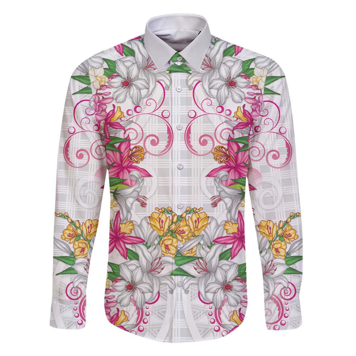 Hawaii Palaka Family Matching Off The Shoulder Long Sleeve Dress and Hawaiian Shirt White Tribal Pattern With Tropical Flowers - Polynesian Pride